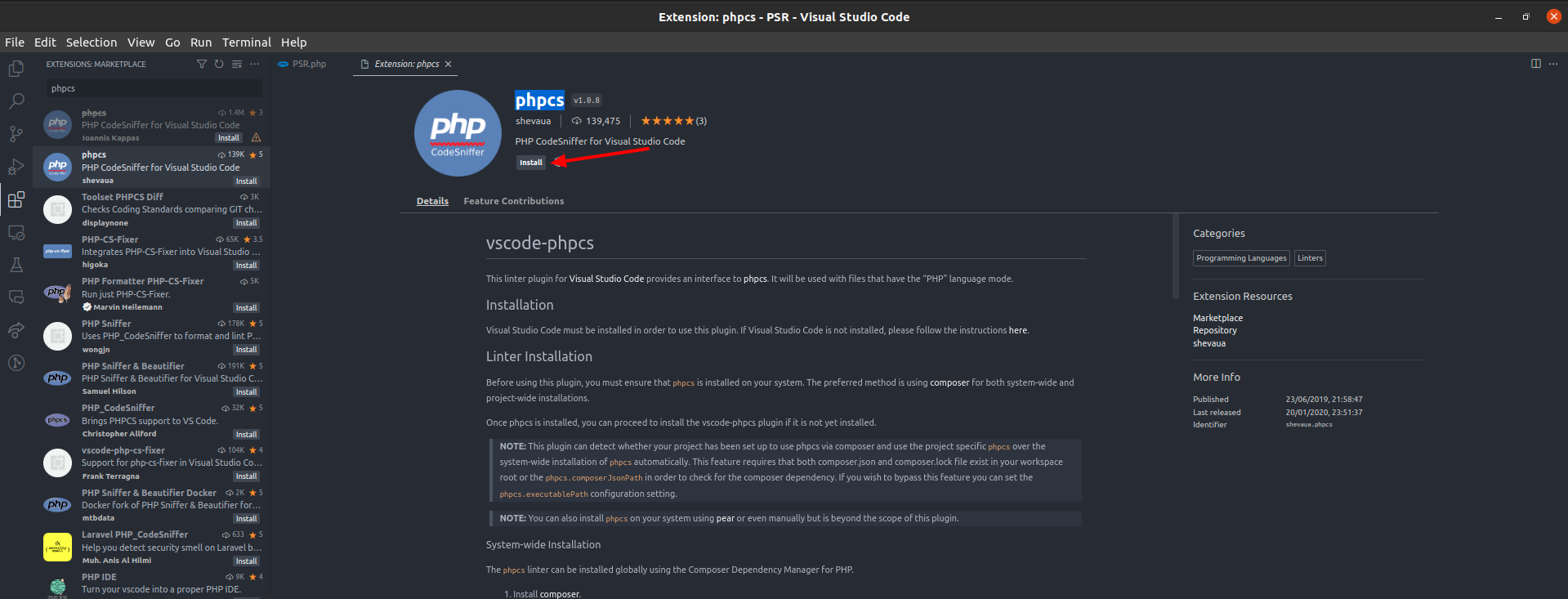 Step 3: Install phpcs extension for vs code